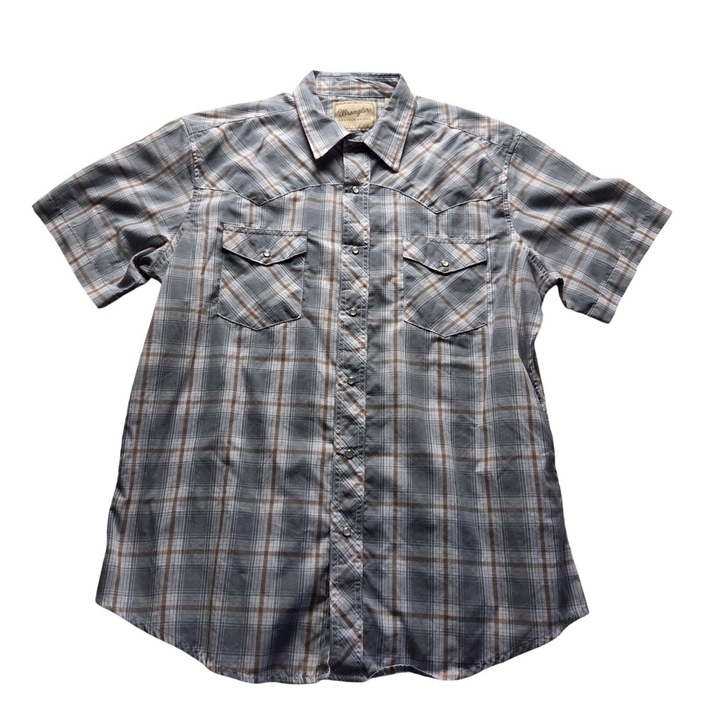 Wrangler Shirt Mens Large Gray Plaid Short Sleeve Western Pearl Snap Cowboy